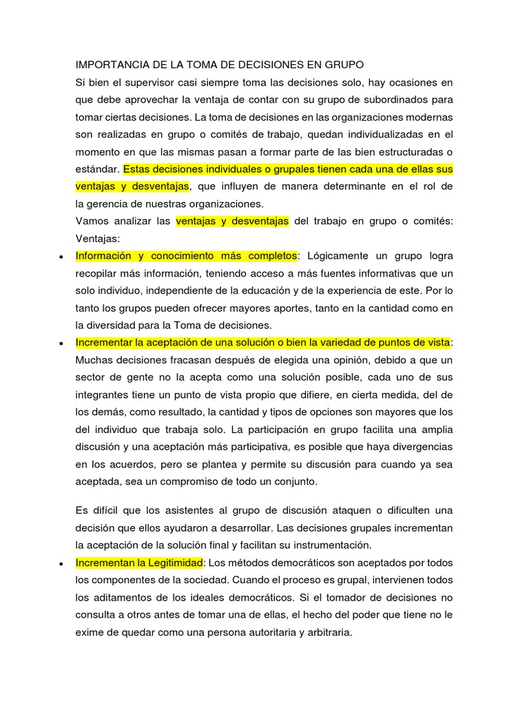 Importancia de La Toma de Decisiones en Grupo | PDF | Toma de ...