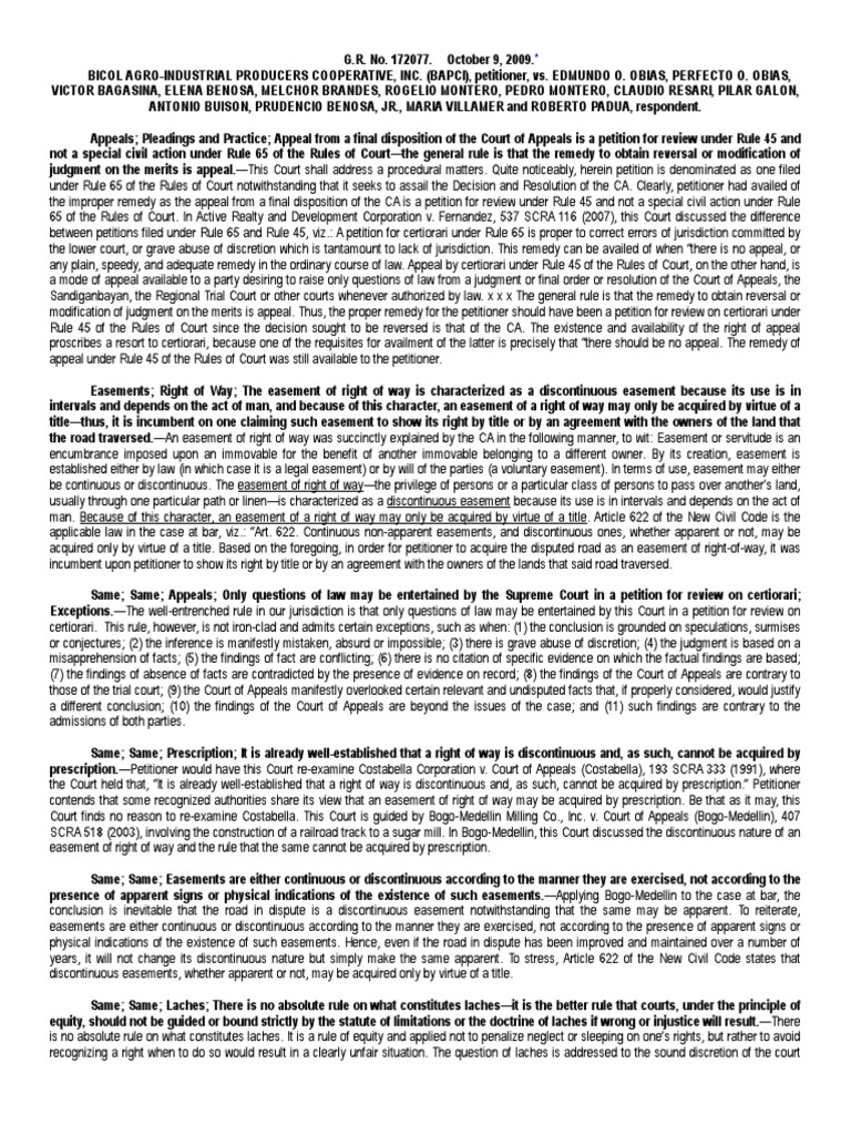 Bicol Agro Ind v. Obias G.R. NO. 172077.pages | PDF | Laches (Equity) |  Easement, image size:768x1024