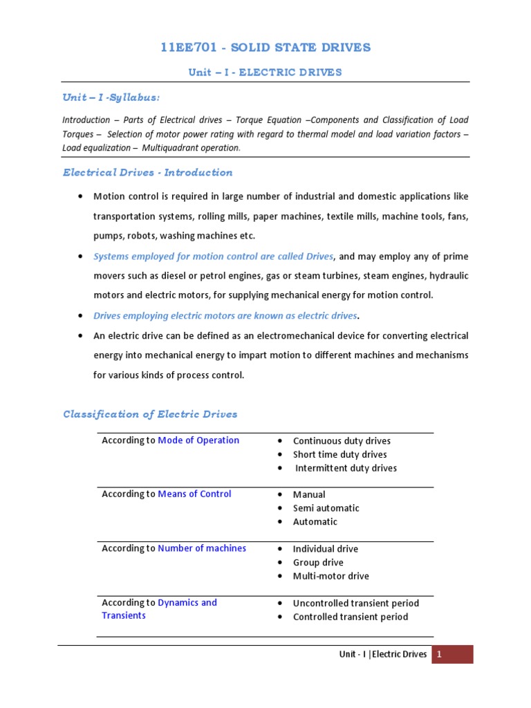 11ee701 Solid State Drives Unit I Electric Drives Unit I