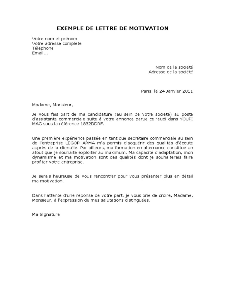 Lettre De Motivation Assistant Commercial Réponse à Une Annonce Lettre Motivation Assistante Commercial PDF | PDF