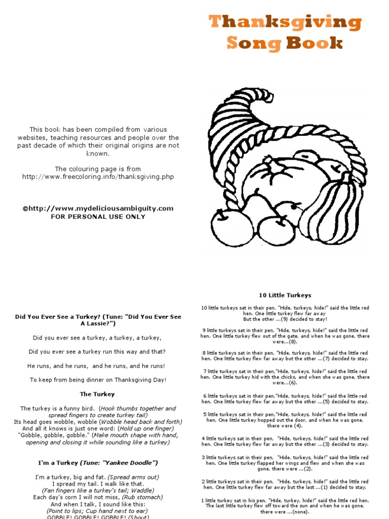 Thanksgiving Song Book Four little turkeys sitting near a tree thanksgiving song book