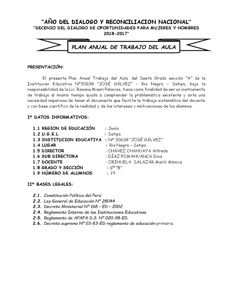Plan Anual de Trabajo Aula 6to Grado | PDF | Maestros | Salón de clases