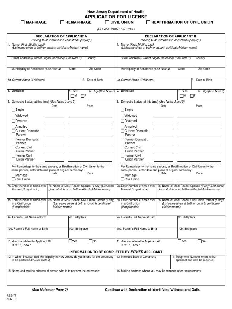 Application For License Marriage Remarriage Civil Union Reaffirmation