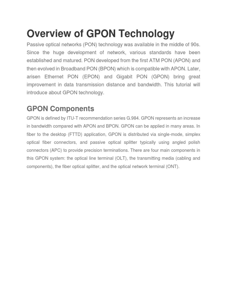 GPON Technology Overview and Benefits | PDF | Optical Fiber | Physical ...