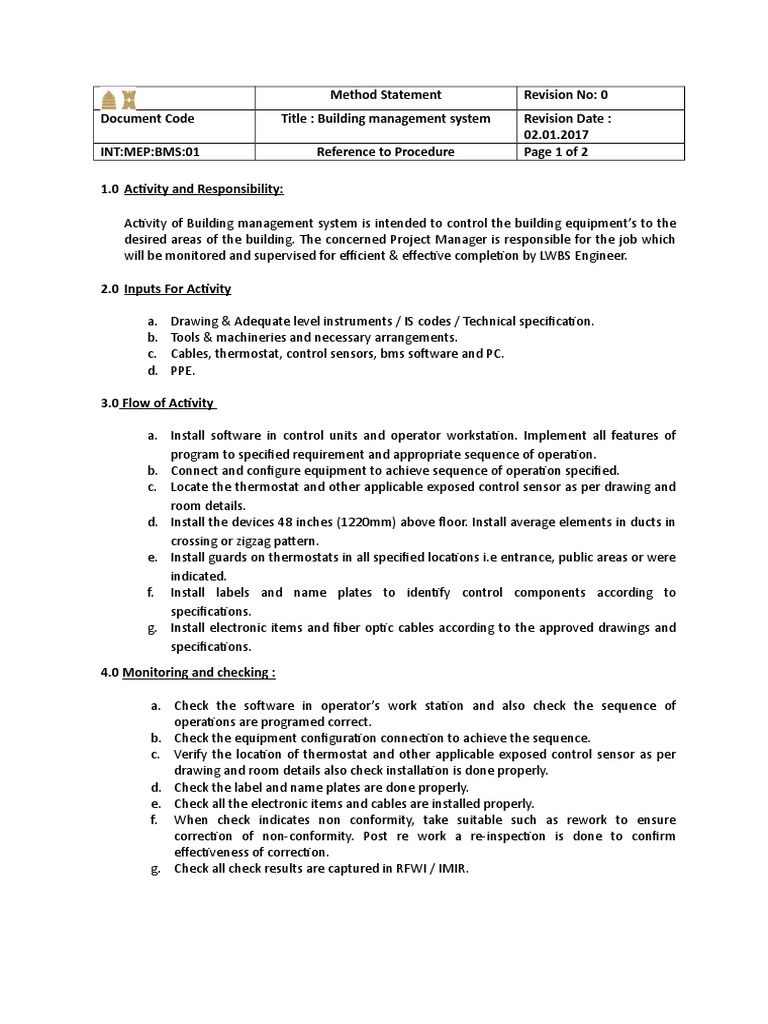 BMS Installation Method Statement | PDF | Specification (Technical ...