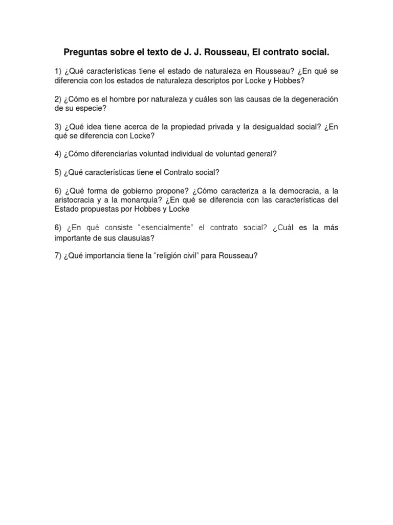 Guía de preguntas sobre El Texto de Rousseau, El Contrato Social