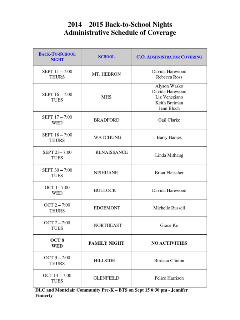 20142015 Administrative Coverage Schedule for BacktoSchool Nights in
