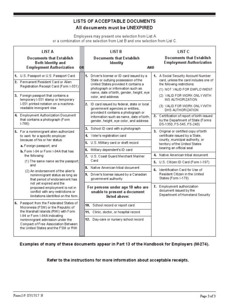 I9 List of Acceptable Documents Permanent Residence (United States