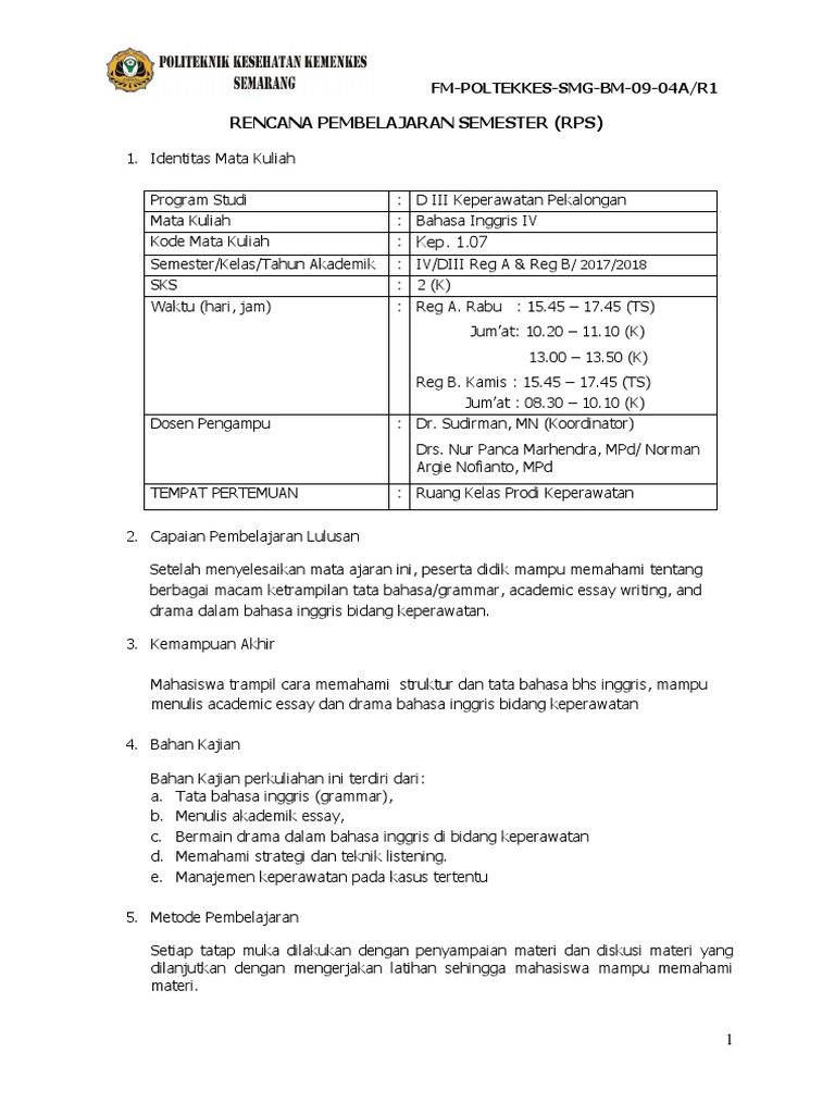 RPS Bahasa Inggris IV Keperawatan DIII | PDF