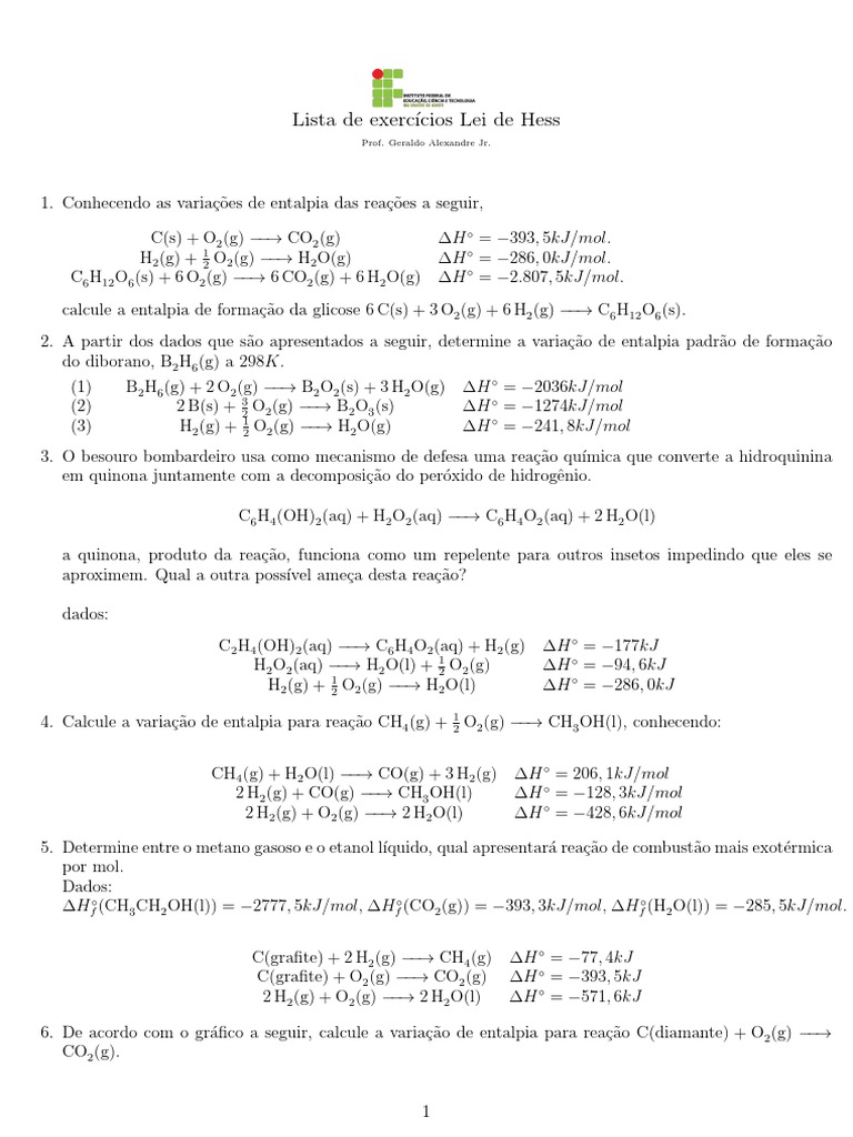 Lista de exercícios sobre a Lei de Hess para cálculo de variações de ...