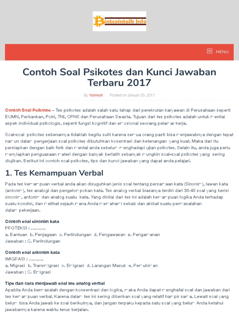 Contoh Soal Psikotes Dan Kunci Jawaban Terbaru 2017