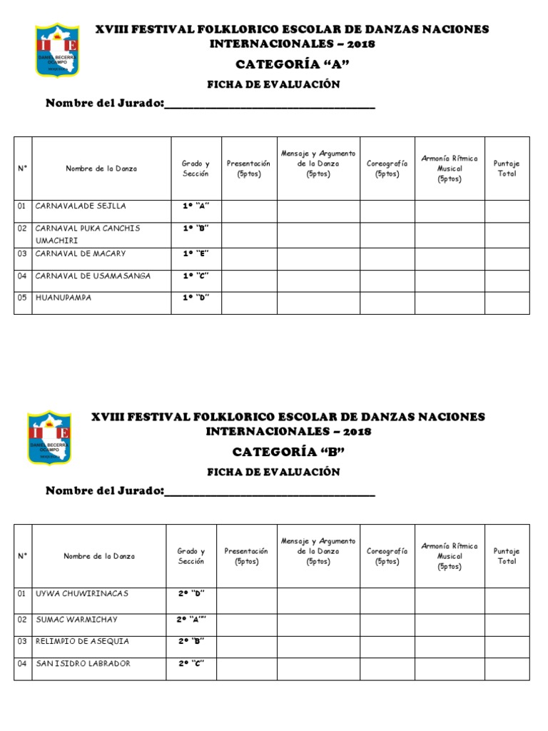 Ficha de Evaluación Festival de Danzas | PDF | Subgéneros musicales ...