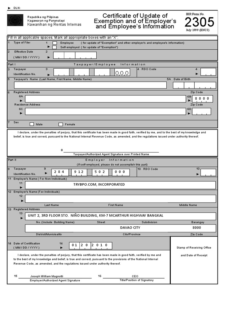 Bir 2305 Form | PDF | Government | Taxes