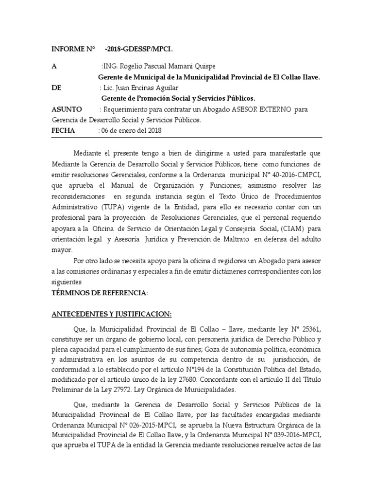 Requerimiento para Contratar Un Abogado para La Gerencia de Desarrolo