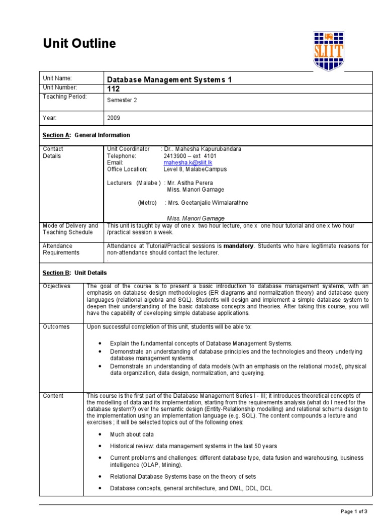 DBMS1 Unit Outline 2009 | PDF | Databases | Plagiarism