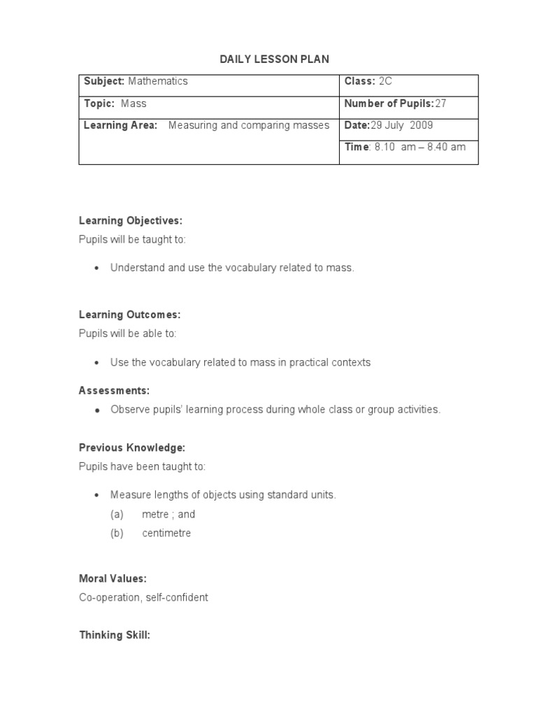 Grade 2 Math Lesson on Mass | PDF | Lesson Plan | Teachers