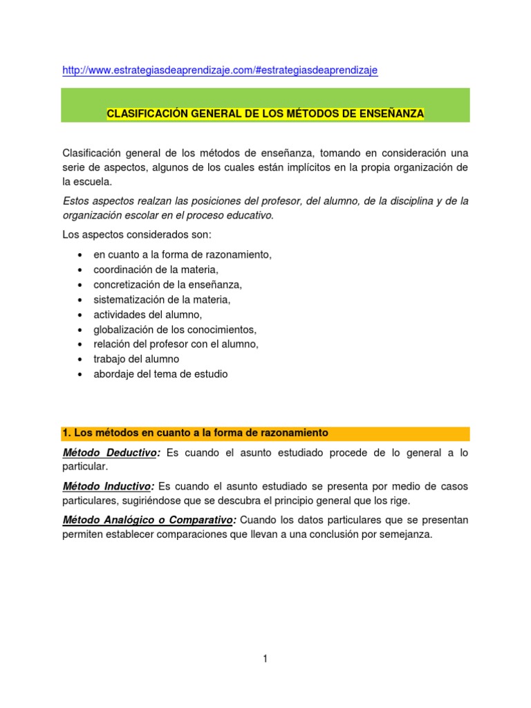 Métodos de Enseñanza: Clasificación y Tipos | PDF | Método científico ...