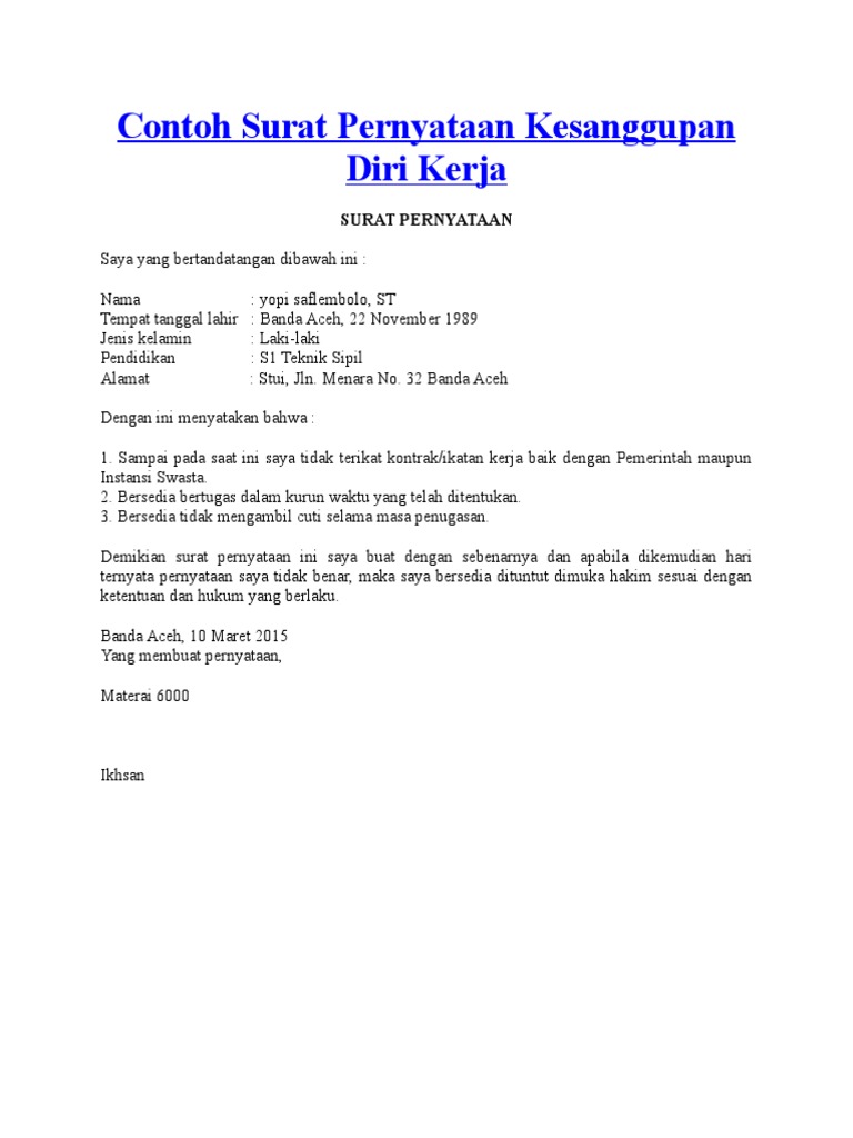 Contoh Surat Pernyataan Diri Detil Gambar Online