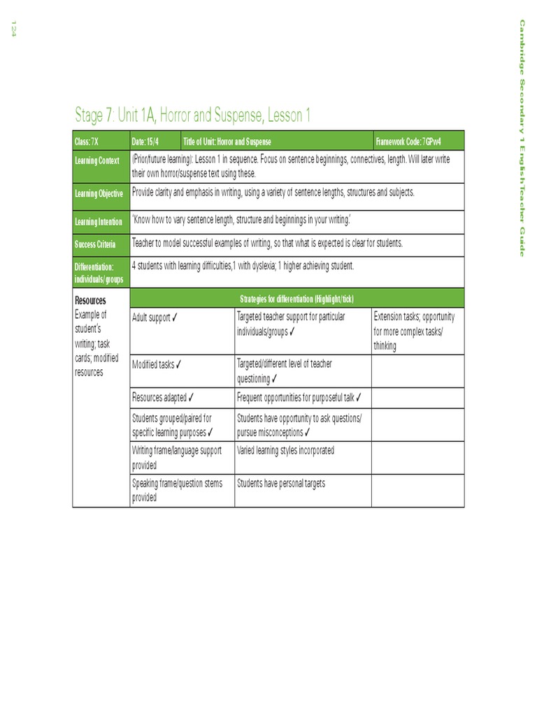 Sample Lesson Plan Cambridge Secondary 1 English Guide p.124 5 PDF | PDF |  Students | Teachers
