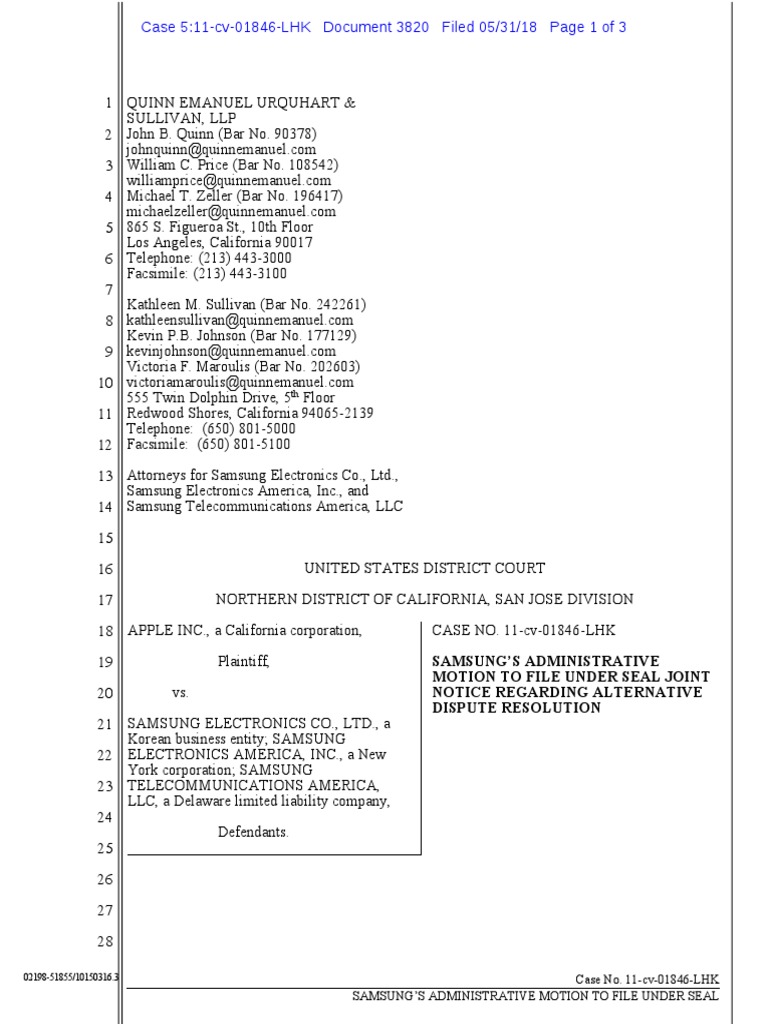 180531 Samsung Motion to File Under Seal ADR Notice Limited Liability Company Samsung