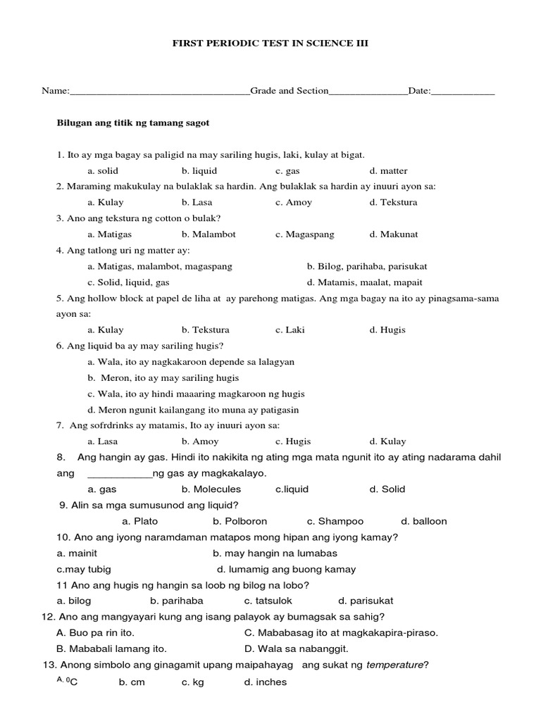 Science First Periodic Test | PDF