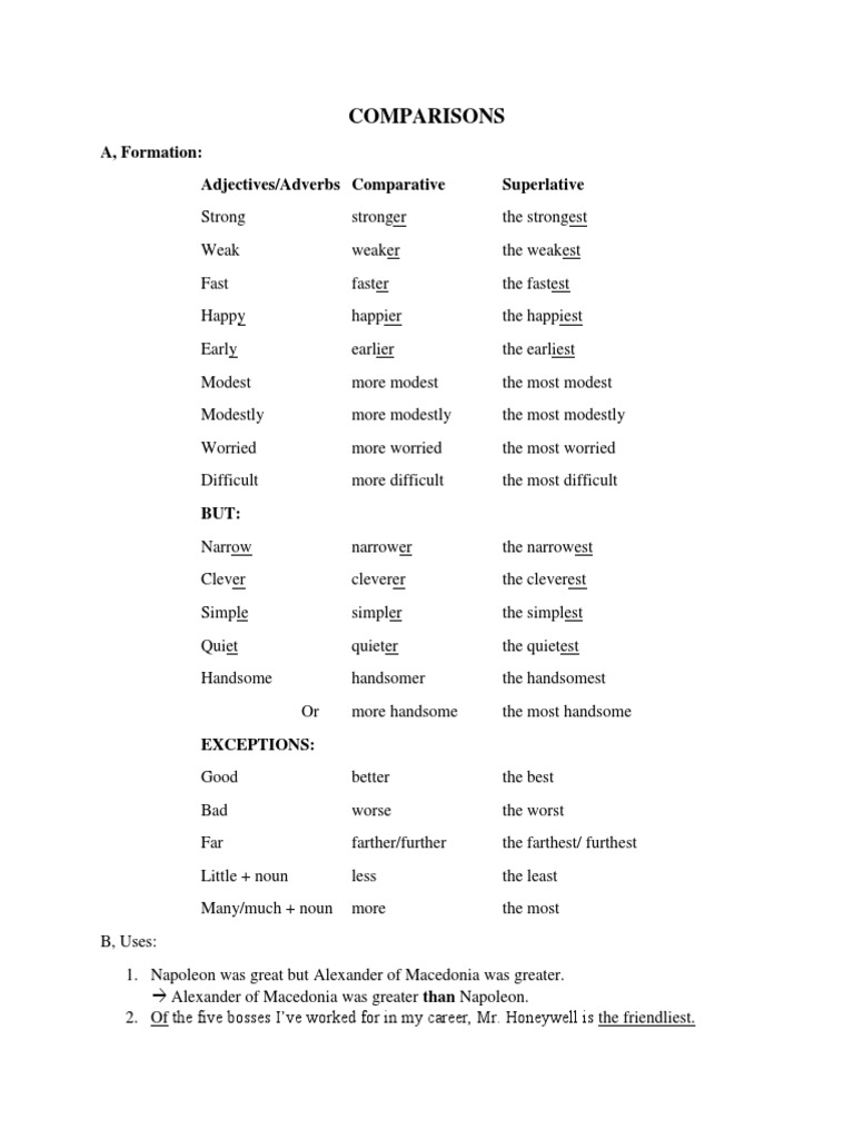 Comparisons: A, Formation: Adjectives/Adverbs Comparative Superlative ...