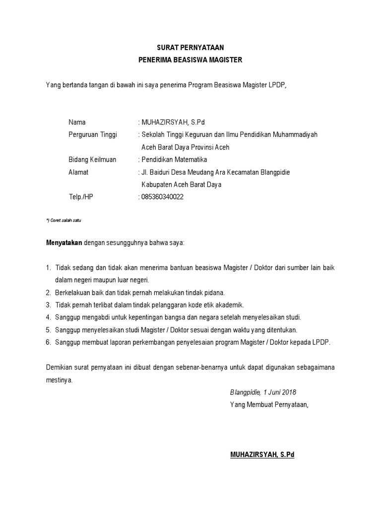 Contoh Draft Surat Pernyataan Contoh Surat Rekomendasi Beasiswa LPDP.
