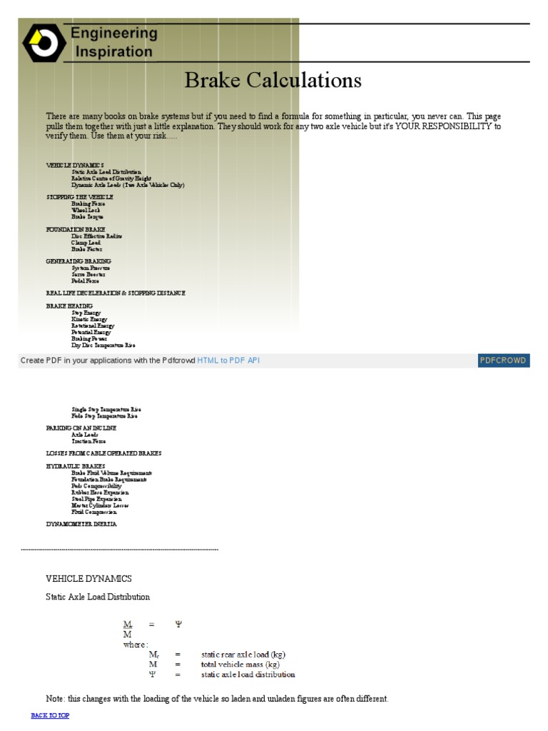Brake Calculations Create PDF in Your Applications With The Pdfcrowd