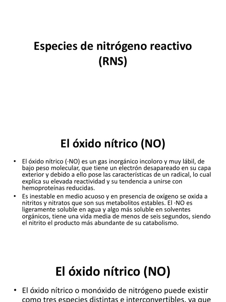 Especies de Nitrógeno Reactivo RNS PDF Óxido nítrico Enzima