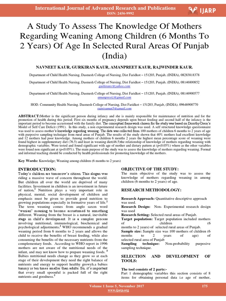 A Study To Assess The Knowledge of Mothers Regarding Weaning Among ...