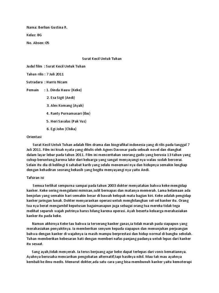 Orientasi Novel Surat Kecil Untuk Tuhan Contoh Seputar Surat