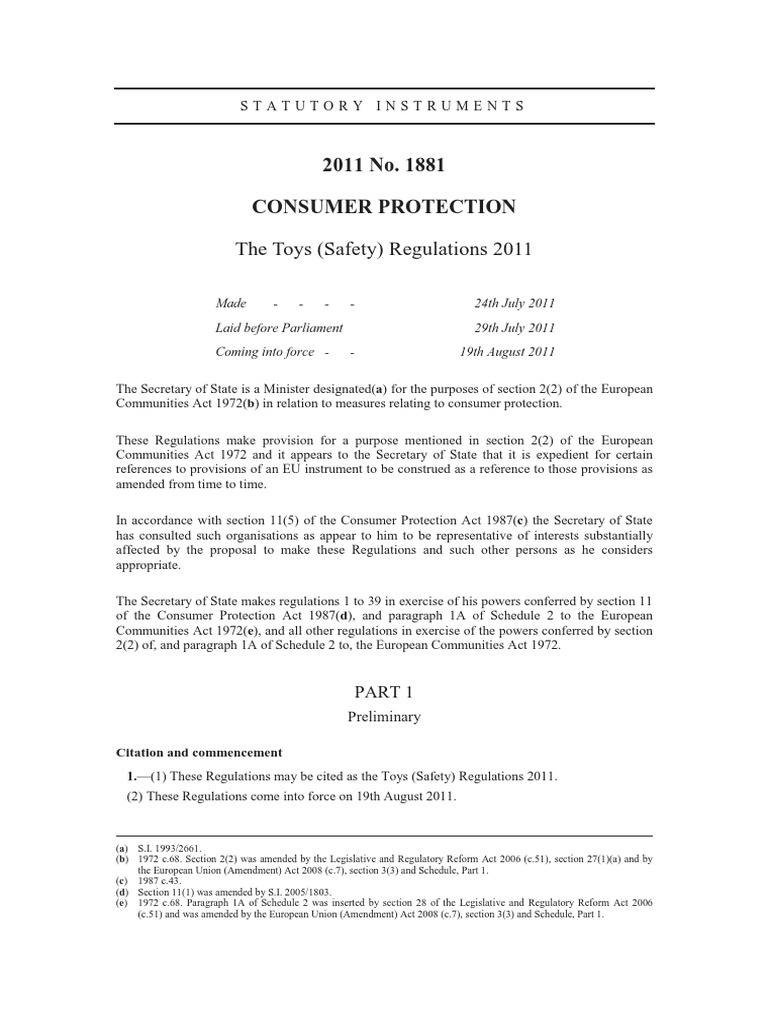 2011 No. 1881 Consumer Protection The Toys (Safety) Regulations 2011