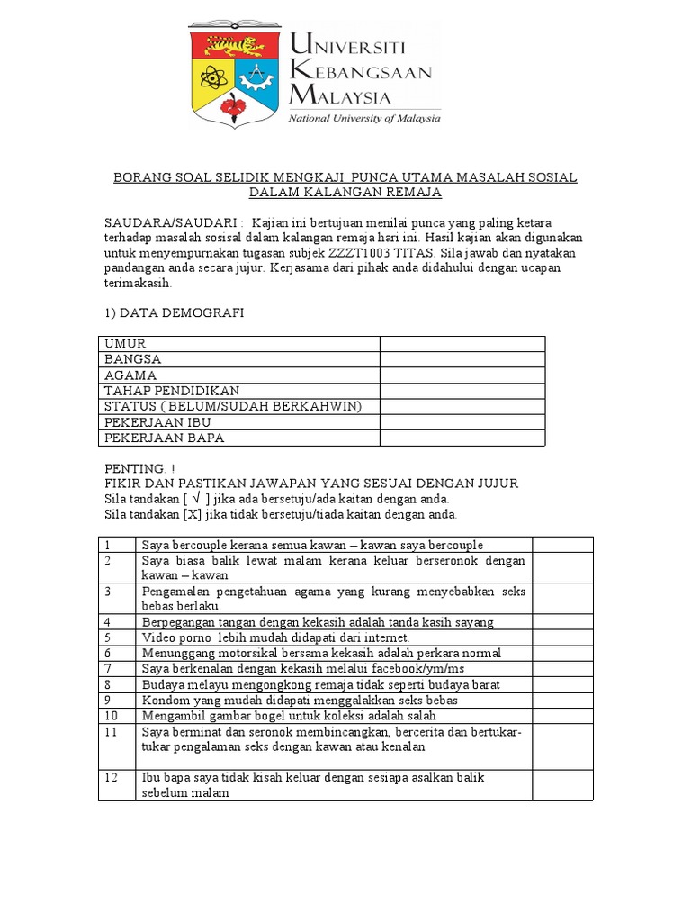 Contoh Borang Soal Selidik Kajian - 3 Glorios As Palavras