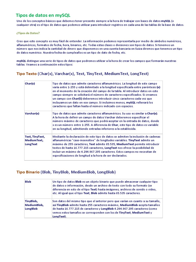 Tipos de Datos en MySQL Explicados | PDF | Tipo de datos | Datos de ...