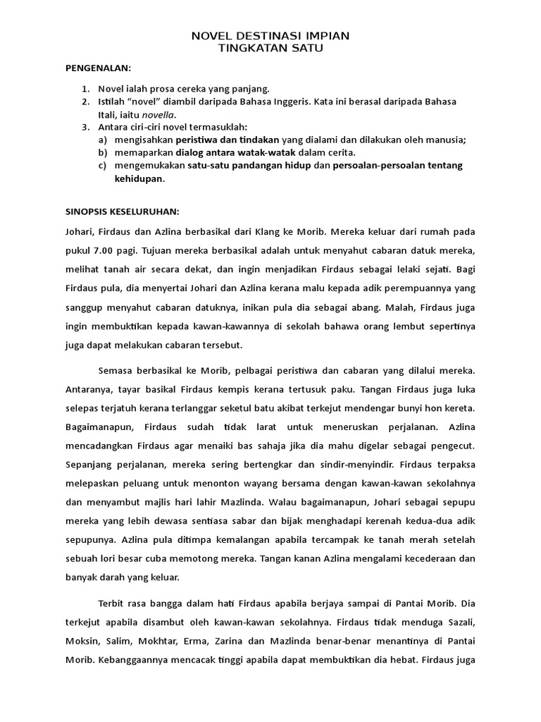 Sinopsis Dan Watak Novel Destinasi Impian