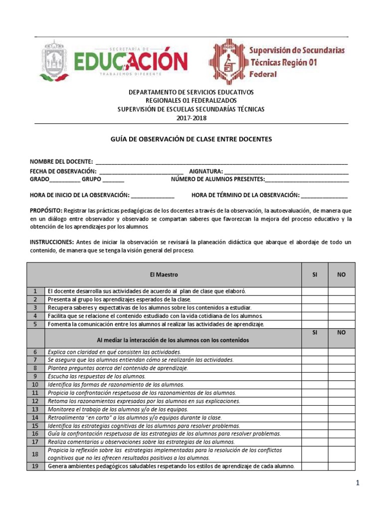 Guía de Observación de Clase Docente | PDF | Aprendizaje | Maestros