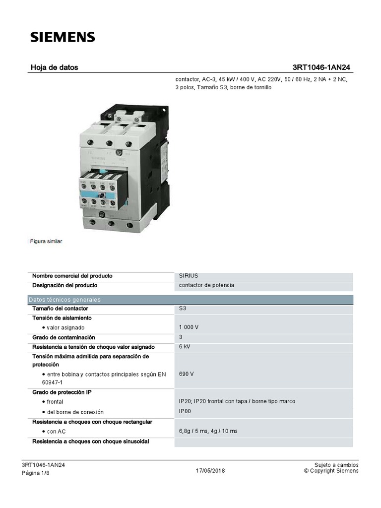 Contactor 3rt10461an24 Datasheet Es | PDF | Energia electrica ...