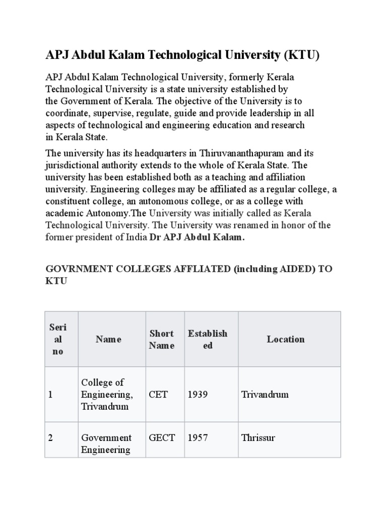 APJ Abdul Kalam Technological University (KTU) | PDF