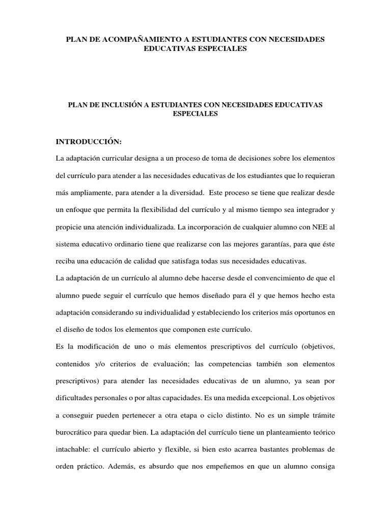 Plan de Inclusión para Estudiantes con NEE | PDF | Desorden hiperactivo ...