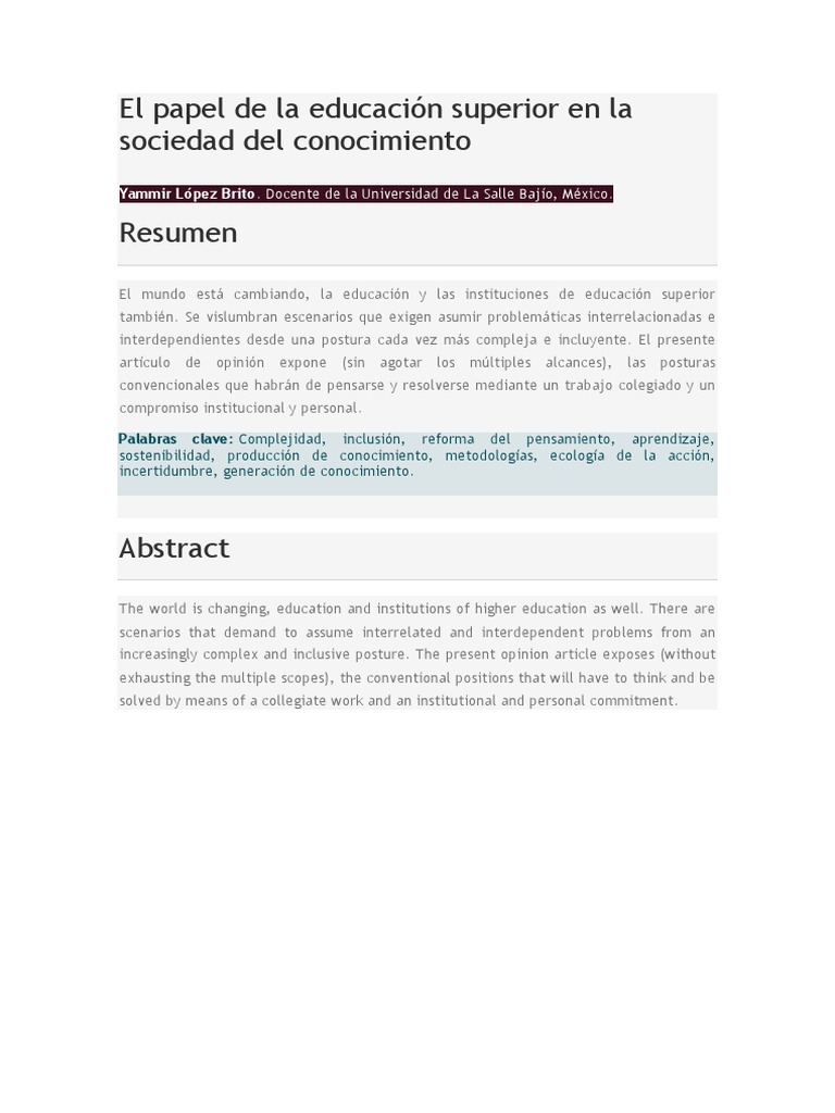 El Papel de La Educación Superior en La Sociedad Del Conocimiento | PDF ...