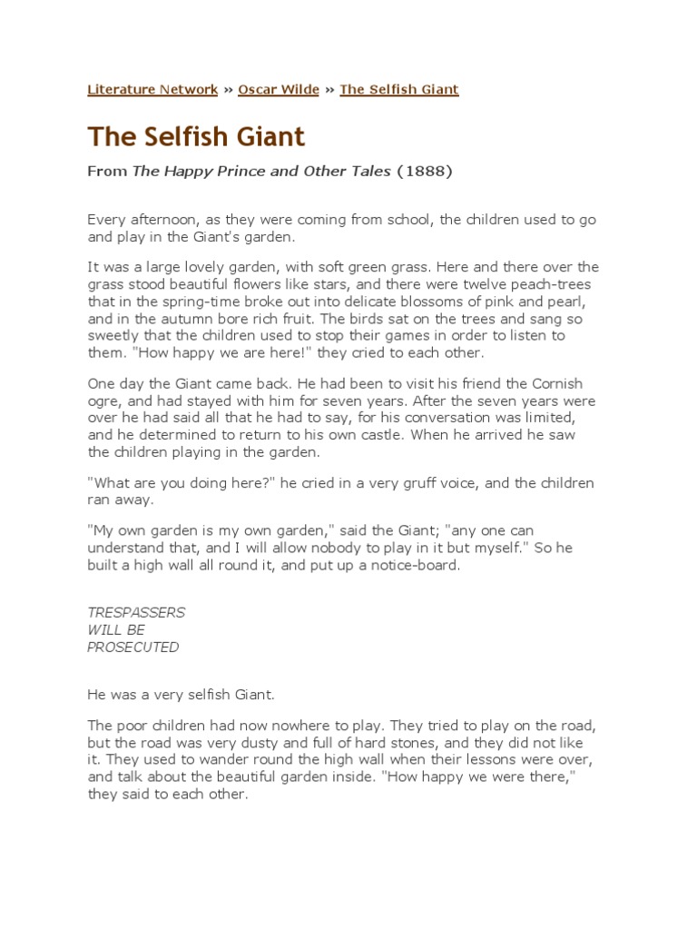 The Selfish Giant: From The Happy Prince and Other Tales (1888) | PDF ...