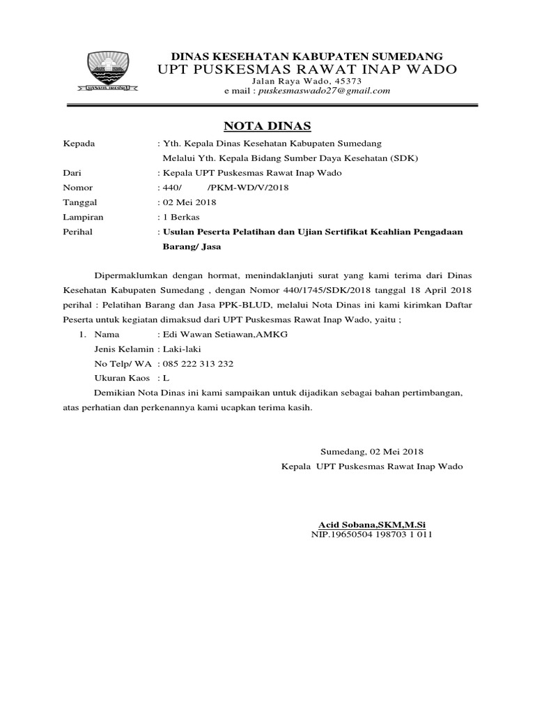 Contoh Nota Dinas  Pelatihan Barang Dan Jasa  Contoh Nota Dinas  Pelatihan Barang Dan Jasa