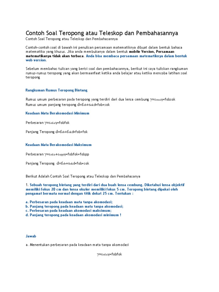 Contoh Soal Teropong Atau Teleskop Dan Pembahasannya