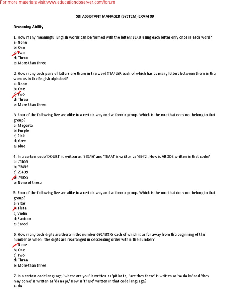 Sbi Assistant Manager (System) Exam 09 Reasoning Ability PDF Loans