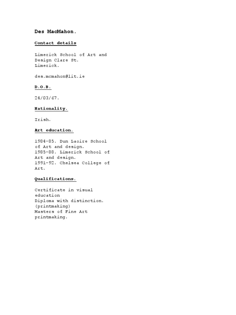 Des Macmahon. Contact Details Download Free PDF Gaelic Games Arts (General)