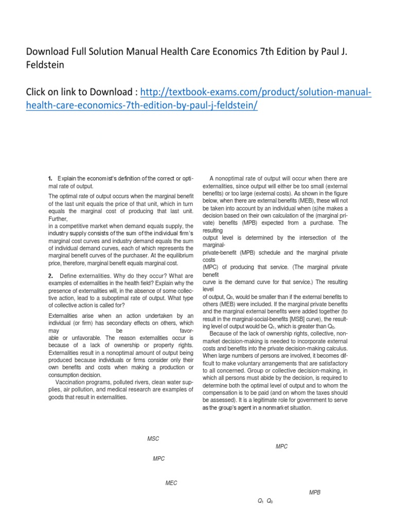 Solution Manual Health Care Economics 7th Edition by Paul J. Feldstein  SLC1106 | Externality | Marginal Cost