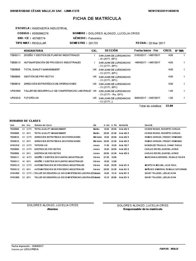 Ficha de Matricula Ucv