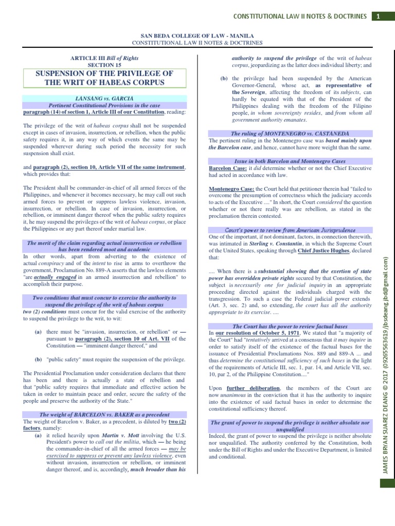 Notes Doctrines Article III Section 15 Suspension of The Privilege of