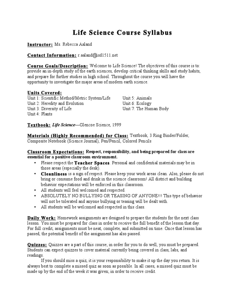 Adrian 7th Science Syllabus | Homework | Classroom