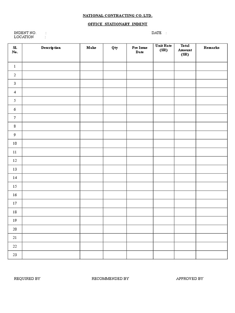 National Contracting Co. Ltd. Office Stationary Indent Form - A Concise ...